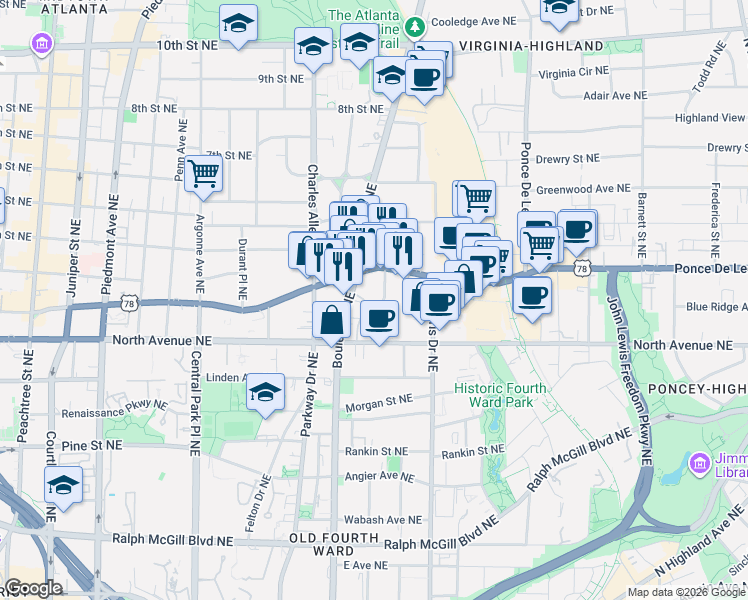 map of restaurants, bars, coffee shops, grocery stores, and more near in Atlanta