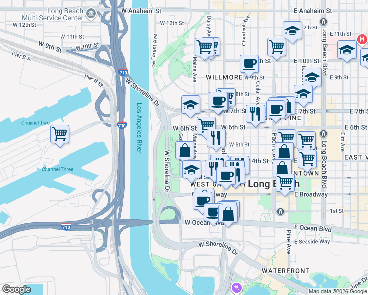 map of restaurants, bars, coffee shops, grocery stores, and more near 430 Golden Avenue in Long Beach