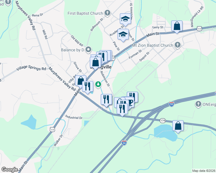 map of restaurants, bars, coffee shops, grocery stores, and more near 251 Robinson Street in Springville