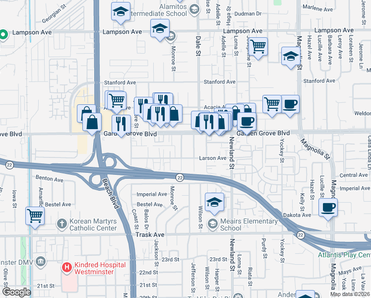map of restaurants, bars, coffee shops, grocery stores, and more near 13082 Monroe Street in Garden Grove