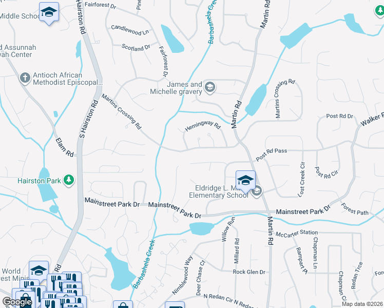 map of restaurants, bars, coffee shops, grocery stores, and more near 5034 Post Road Trail in Stone Mountain