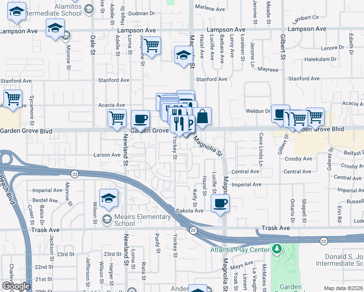 map of restaurants, bars, coffee shops, grocery stores, and more near 13082 Yockey Street in Garden Grove