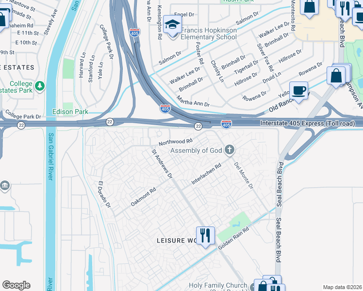 map of restaurants, bars, coffee shops, grocery stores, and more near 1520 Northwood Road in Seal Beach