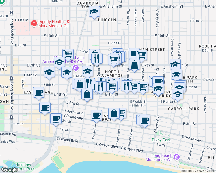map of restaurants, bars, coffee shops, grocery stores, and more near 453 Almond Avenue in Long Beach