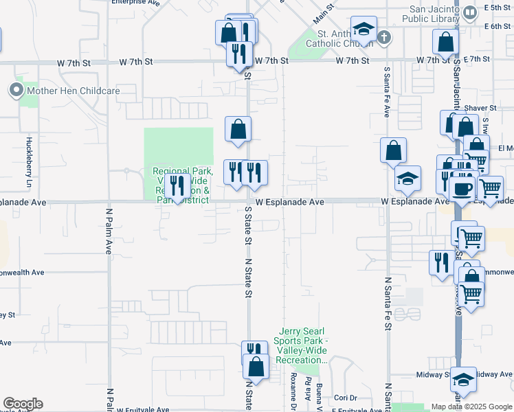 map of restaurants, bars, coffee shops, grocery stores, and more near 690 West Esplanade Avenue in San Jacinto