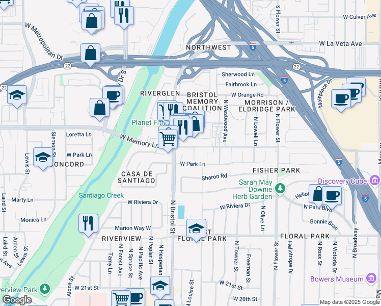 map of restaurants, bars, coffee shops, grocery stores, and more near 2618 North Louise Street in Santa Ana