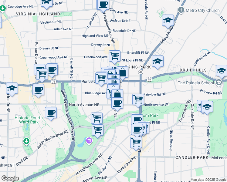 map of restaurants, bars, coffee shops, grocery stores, and more near in Atlanta