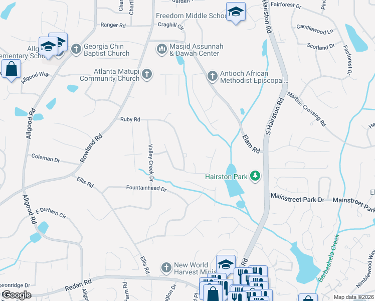 map of restaurants, bars, coffee shops, grocery stores, and more near 4646 Ruby Road in Stone Mountain