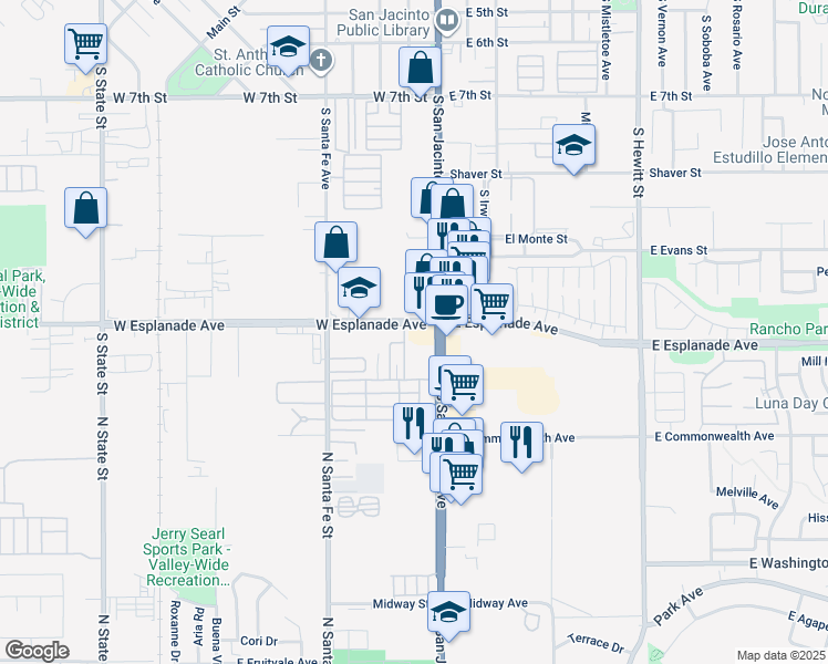 map of restaurants, bars, coffee shops, grocery stores, and more near 1520 South San Jacinto Avenue in San Jacinto