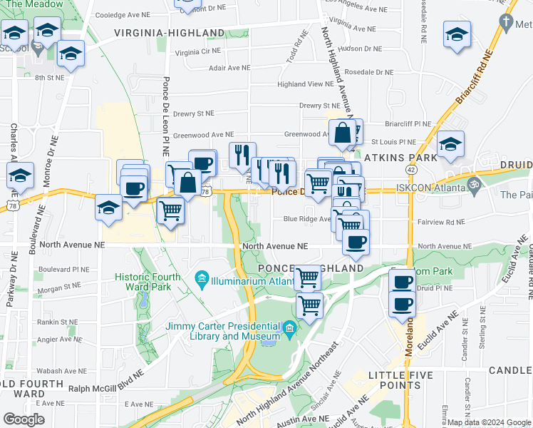 map of restaurants, bars, coffee shops, grocery stores, and more near 668 Linwood Avenue Northeast in Atlanta