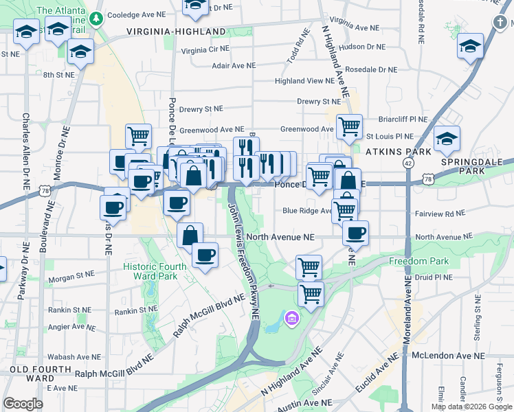 map of restaurants, bars, coffee shops, grocery stores, and more near 660 Park Village Drive Northeast in Atlanta