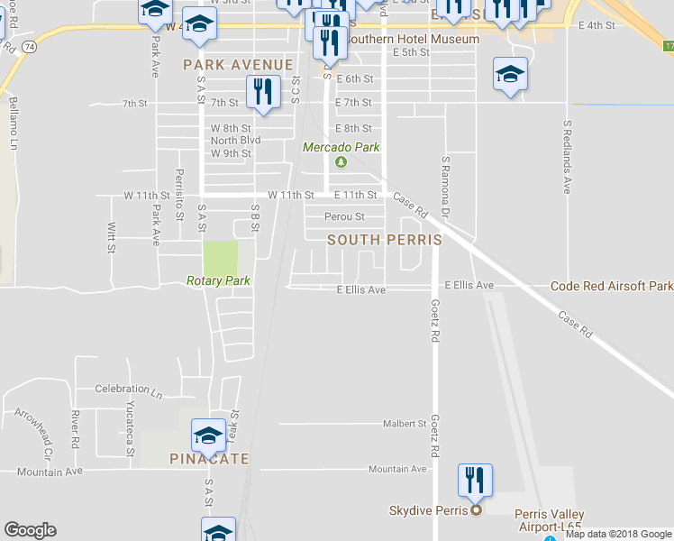 map of restaurants, bars, coffee shops, grocery stores, and more near 1448 Plaza Way in Perris