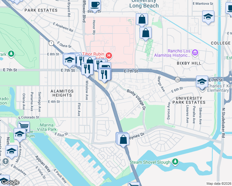 map of restaurants, bars, coffee shops, grocery stores, and more near 5926 Bixby Village Drive in Long Beach