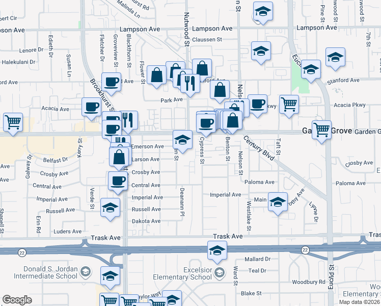 map of restaurants, bars, coffee shops, grocery stores, and more near 13122 Adland Street in Garden Grove