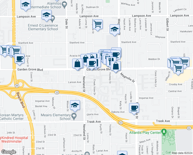 map of restaurants, bars, coffee shops, grocery stores, and more near 8582 Emerson Circle in Garden Grove