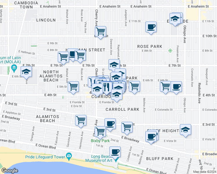 map of restaurants, bars, coffee shops, grocery stores, and more near 445 Dawson Avenue in Long Beach