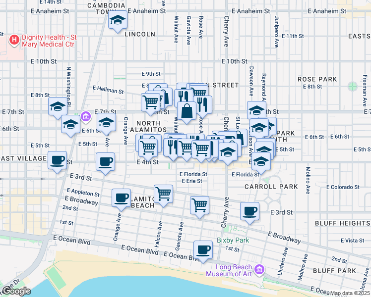 map of restaurants, bars, coffee shops, grocery stores, and more near 453 Gaviota Avenue in Long Beach