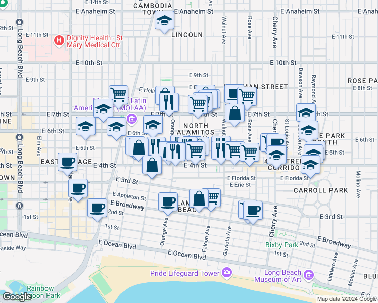 map of restaurants, bars, coffee shops, grocery stores, and more near 446 Almond Avenue in Long Beach