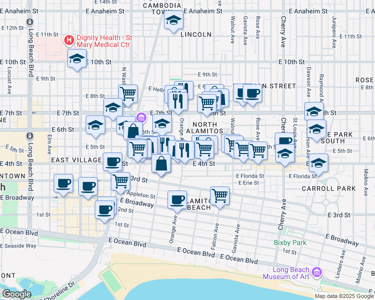 map of restaurants, bars, coffee shops, grocery stores, and more near 502 Orange Avenue in Long Beach