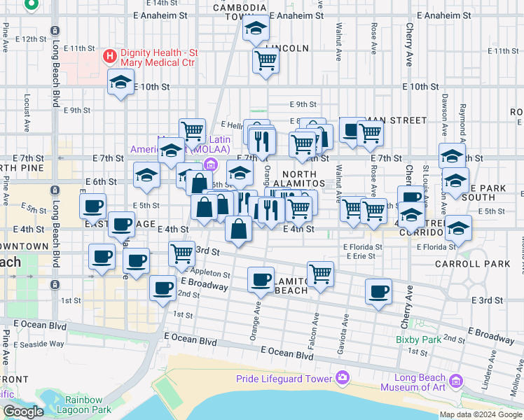 map of restaurants, bars, coffee shops, grocery stores, and more near 502 Orange Avenue in Long Beach