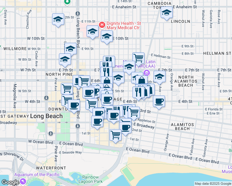map of restaurants, bars, coffee shops, grocery stores, and more near 430 Lime Avenue in Long Beach
