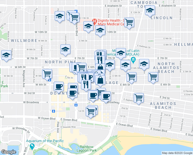 map of restaurants, bars, coffee shops, grocery stores, and more near 433 Linden Avenue in Long Beach