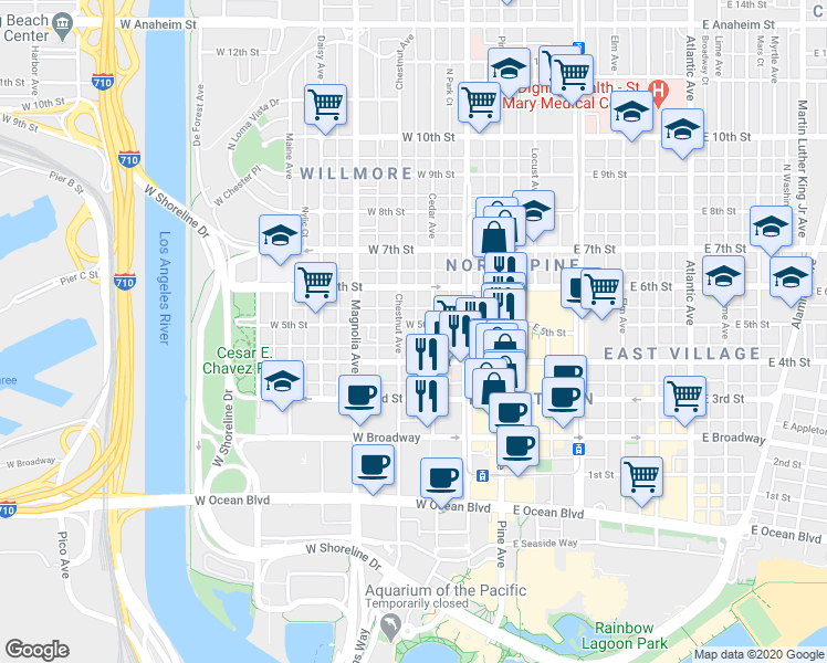 map of restaurants, bars, coffee shops, grocery stores, and more near 435 Cedar Avenue in Long Beach