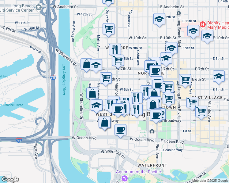 map of restaurants, bars, coffee shops, grocery stores, and more near 438 North Crystal Court in Long Beach