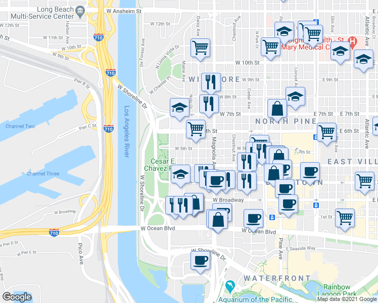map of restaurants, bars, coffee shops, grocery stores, and more near 437 North Nylic Court in Long Beach