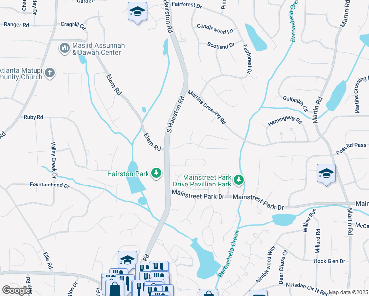 map of restaurants, bars, coffee shops, grocery stores, and more near 4821 Hairston Place in Stone Mountain