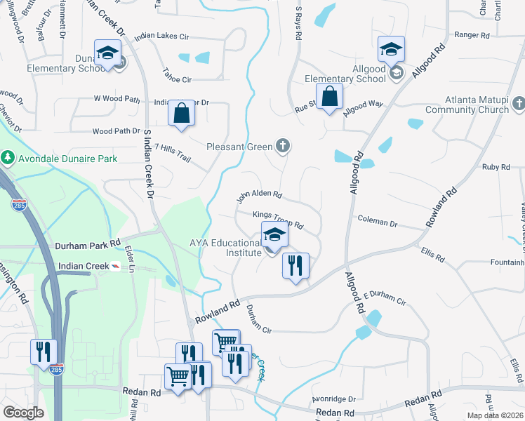 map of restaurants, bars, coffee shops, grocery stores, and more near 4121 Kings Troop Road in Stone Mountain