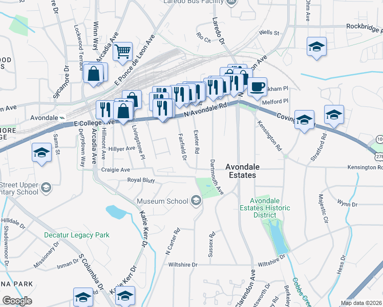 map of restaurants, bars, coffee shops, grocery stores, and more near 21 Exeter Road in Avondale Estates