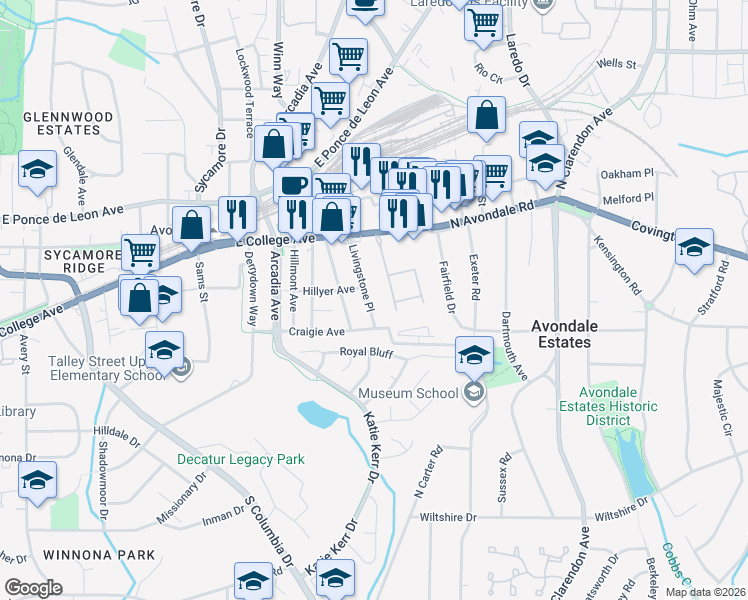 map of restaurants, bars, coffee shops, grocery stores, and more near 766 Livingstone Place in Decatur