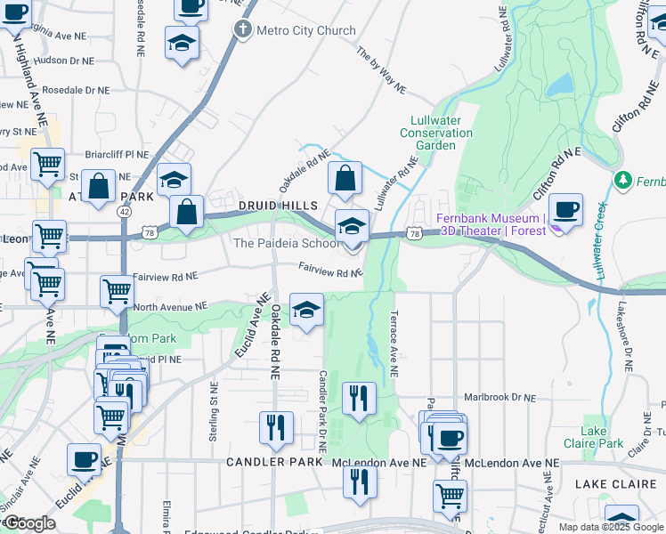 map of restaurants, bars, coffee shops, grocery stores, and more near 1476 Fairview Road Northeast in Atlanta