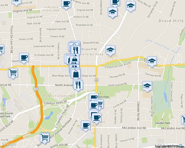 map of restaurants, bars, coffee shops, grocery stores, and more near 1144 Blue Ridge Avenue Northeast in Atlanta