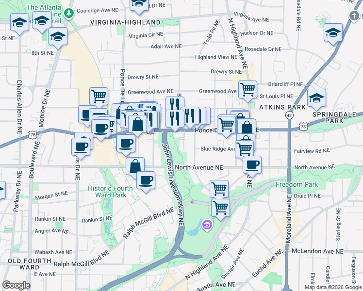 map of restaurants, bars, coffee shops, grocery stores, and more near 660 Park Village Drive Northeast in Atlanta