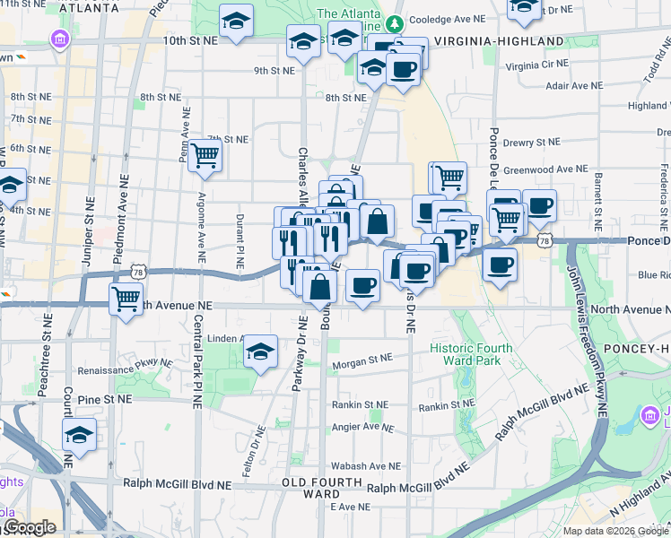 map of restaurants, bars, coffee shops, grocery stores, and more near 650 Boulevard Northeast in Atlanta