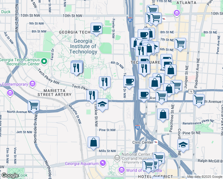 map of restaurants, bars, coffee shops, grocery stores, and more near 224 Uncle Heinie Way Northwest in Atlanta