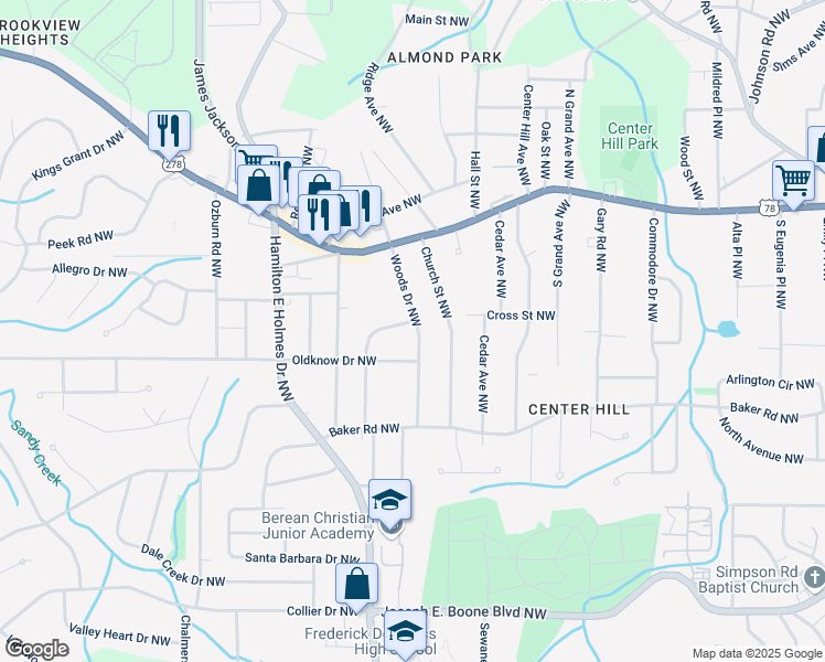 map of restaurants, bars, coffee shops, grocery stores, and more near 658 Woods Drive Northwest in Atlanta