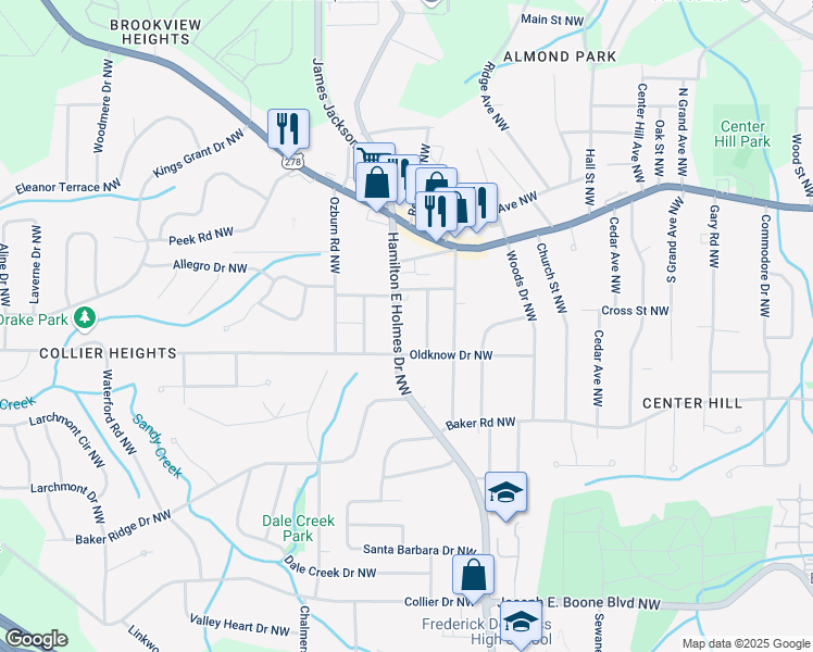 map of restaurants, bars, coffee shops, grocery stores, and more near 641 Hamilton E Holmes Drive Northwest in Atlanta