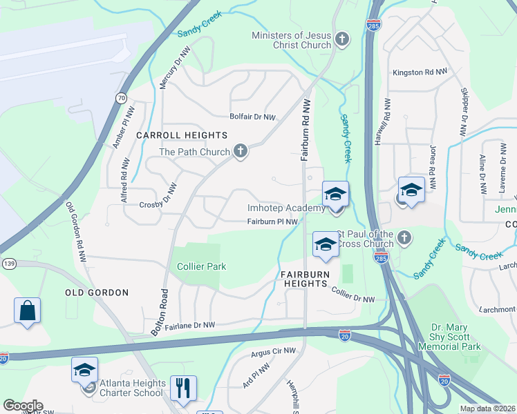 map of restaurants, bars, coffee shops, grocery stores, and more near 3398 Adkins Road Northwest in Atlanta