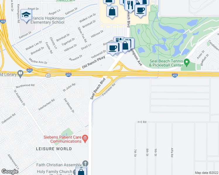 map of restaurants, bars, coffee shops, grocery stores, and more near Perimeter Rd in Seal Beach