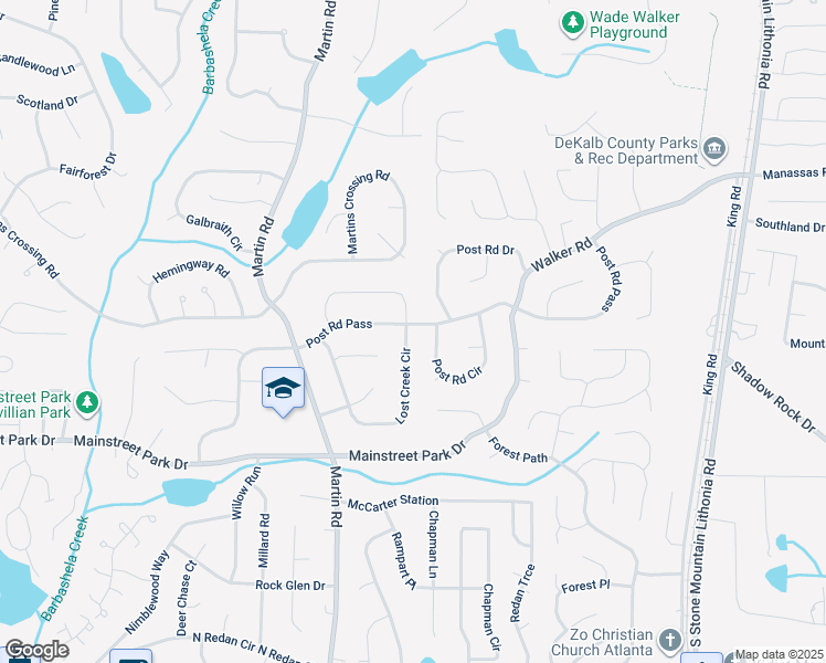 map of restaurants, bars, coffee shops, grocery stores, and more near 783 Lost Creek Circle in Stone Mountain