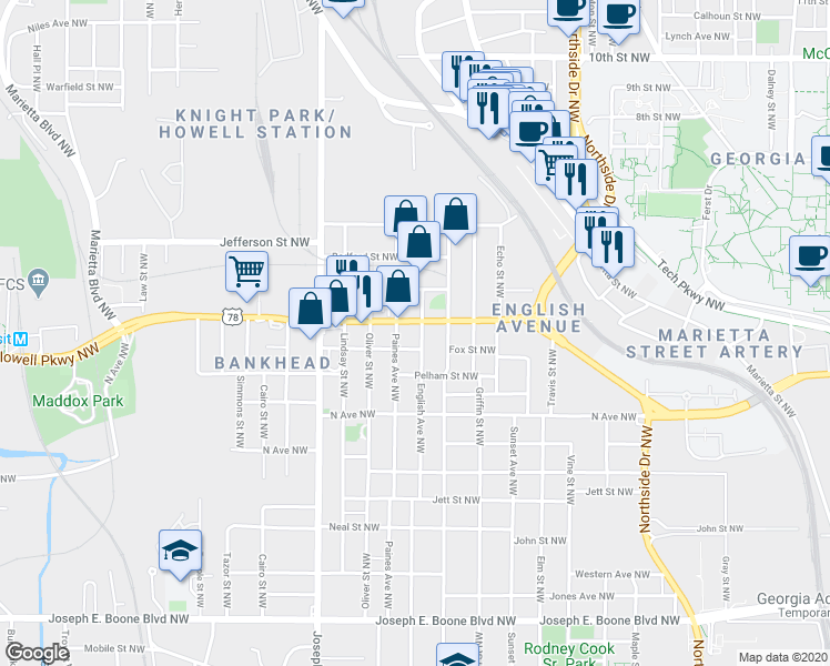 map of restaurants, bars, coffee shops, grocery stores, and more near 660 English Avenue Northwest in Atlanta
