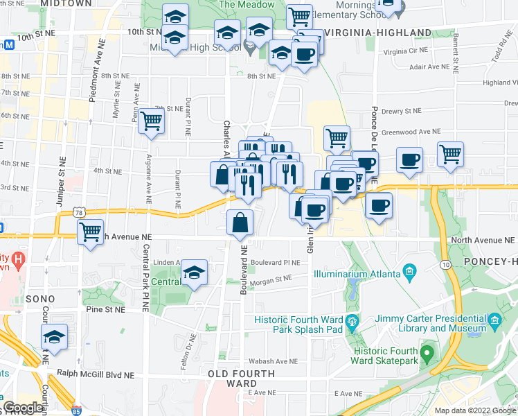 map of restaurants, bars, coffee shops, grocery stores, and more near in Atlanta