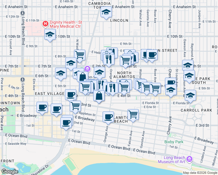 map of restaurants, bars, coffee shops, grocery stores, and more near 502 Orange Avenue in Long Beach