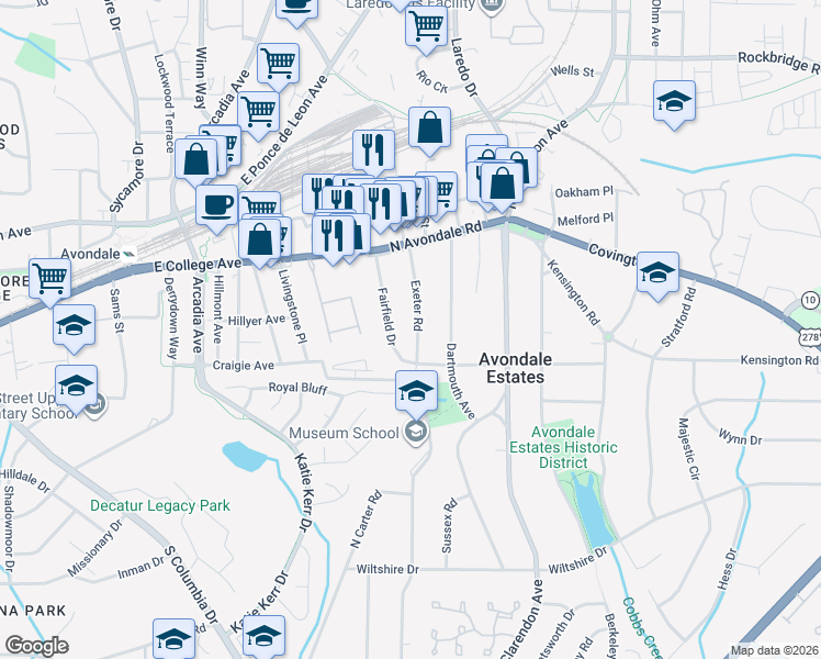 map of restaurants, bars, coffee shops, grocery stores, and more near 21 Exeter Road in Avondale Estates