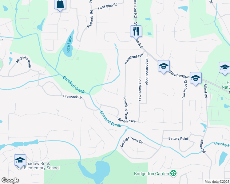 map of restaurants, bars, coffee shops, grocery stores, and more near 6298 Southland Ridge in Stone Mountain