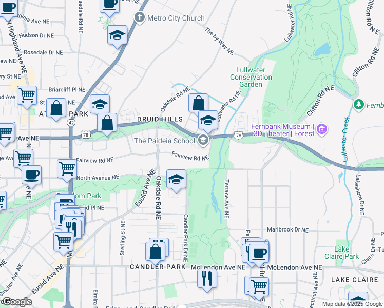 map of restaurants, bars, coffee shops, grocery stores, and more near 1476 Fairview Road Northeast in Atlanta