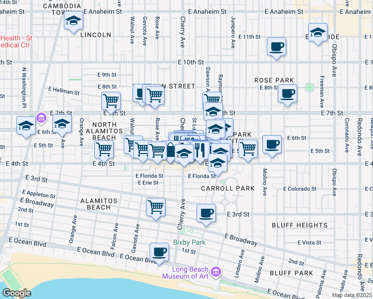 map of restaurants, bars, coffee shops, grocery stores, and more near 456 Cherry Avenue in Long Beach